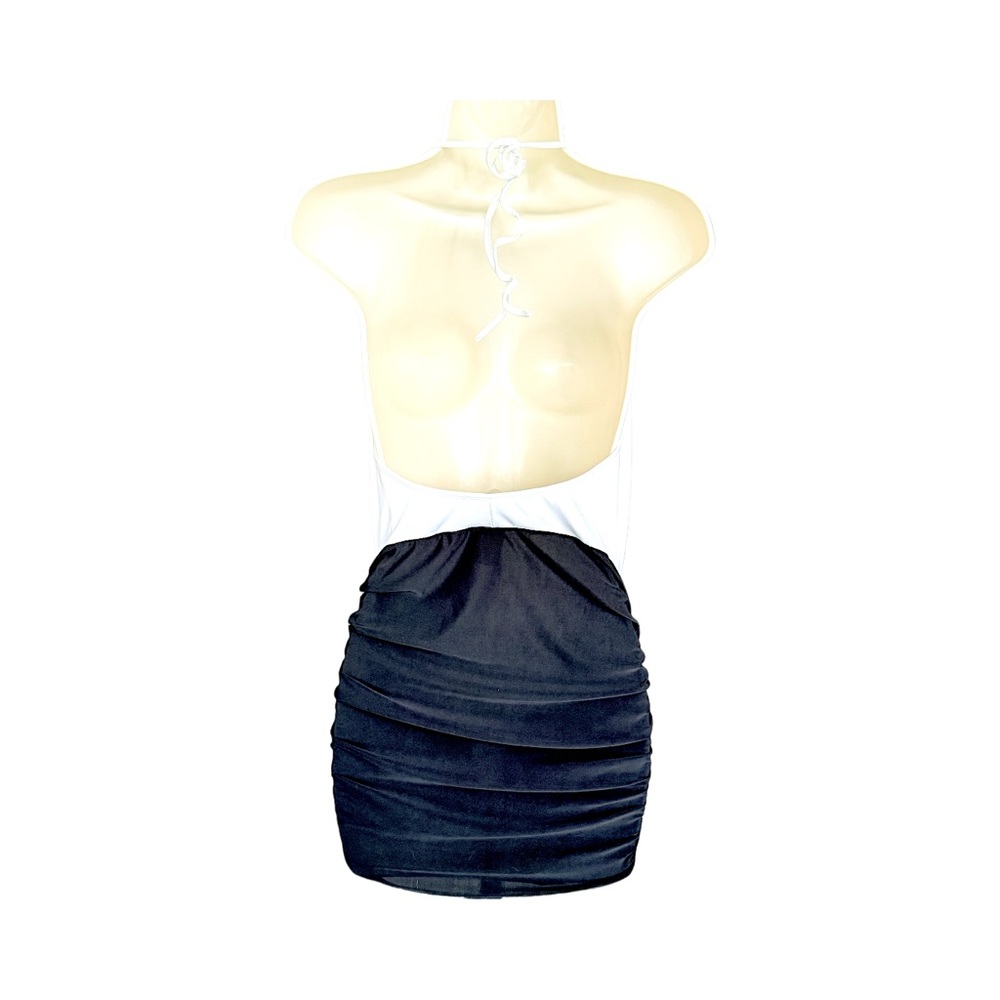 Roma Two Tone Low Cowl Neck Ruched Halter Mini Dress, Black and White, Size S/M - Picture 9 of 12